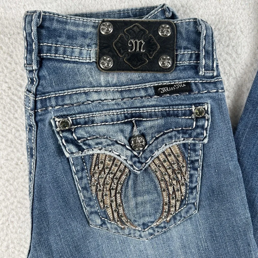 Miss Me‎ Jeans Womens 28 Straight Leg Embellished Flap Pockets Y2K Angel Wings - Picture 2 of 16